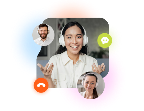 A woman on a video call smiles and gestures. Speech and call icons emphasize communication.