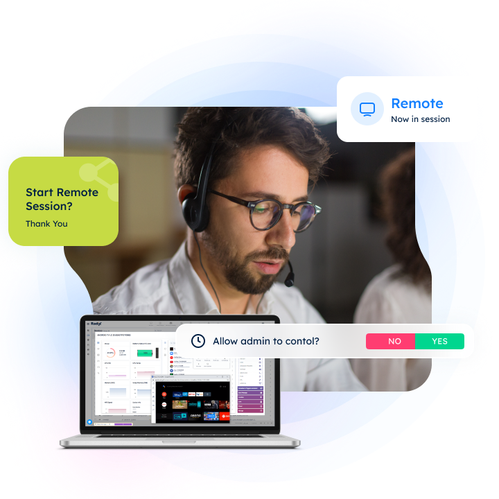 A man wearing a headset concentrates, with text about a remote session. Includes Allow admin to control? NO YES.
