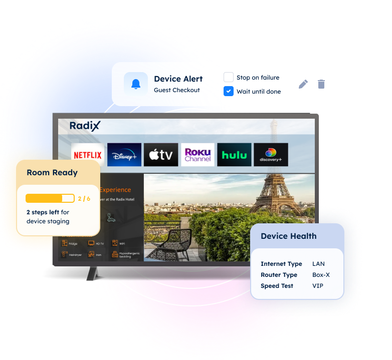 Television displaying streaming apps, Eiffel Tower view in background.