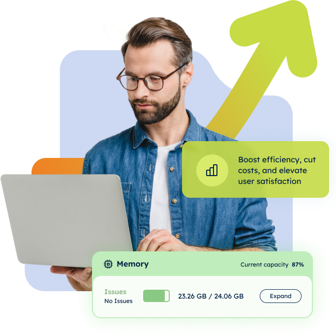 Man analyzing laptop data, growth arrow, digital interface overlay.