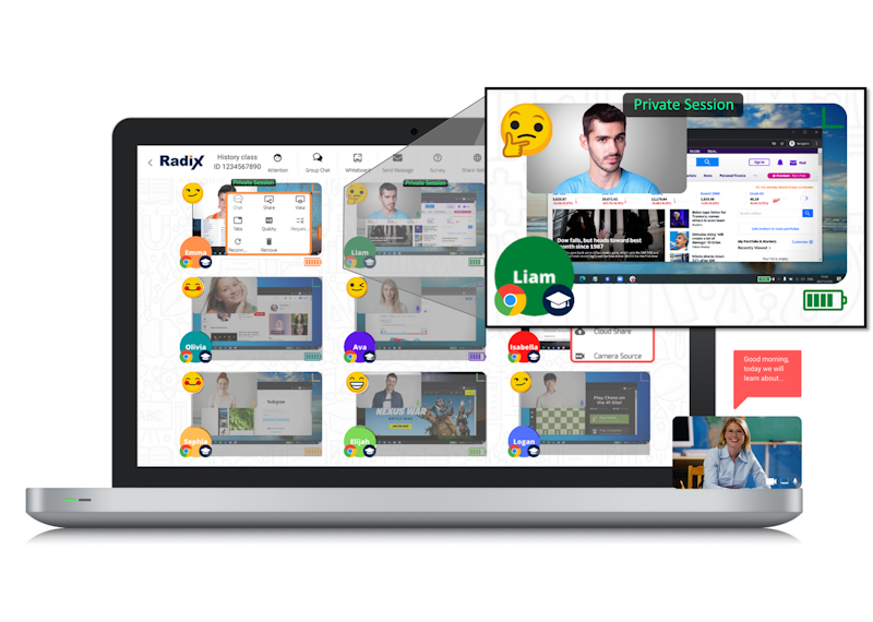 Laptop displaying virtual classroom interface with student screens.