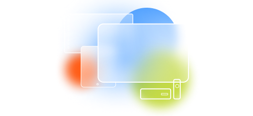 Outlined devices overlap, floating against colorful gradient background.