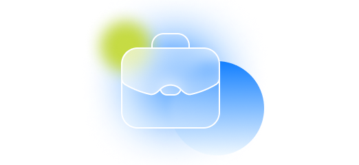 A white briefcase icon centered on a vibrant background of overlapping blue and yellow circles.