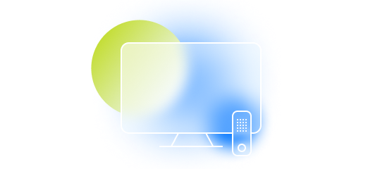 A translucent television with a remote, set against a bright blue and green background.