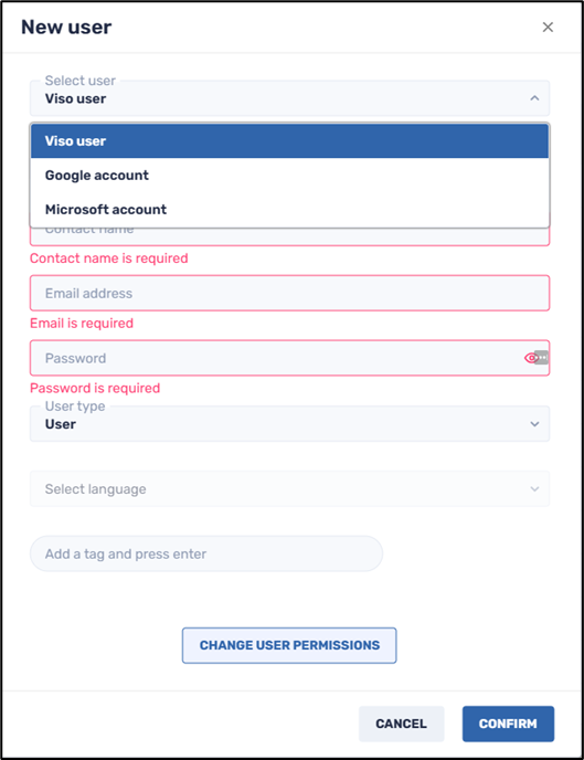 Adding a new console user--user options: Viso user, Google, Microsoft
