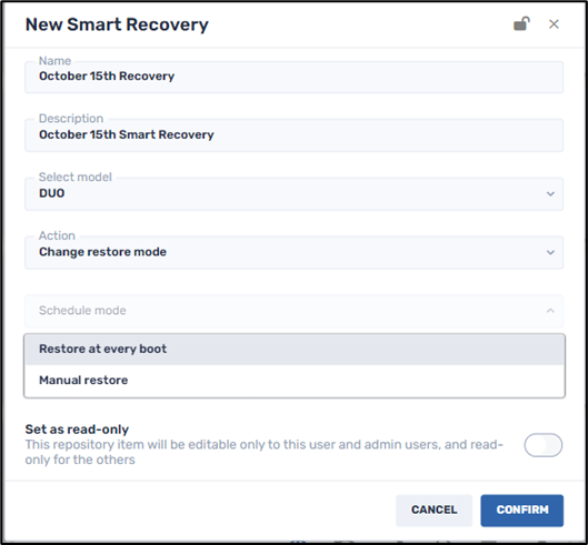 Smart Recovery Duo Command--Selecting the restore mode