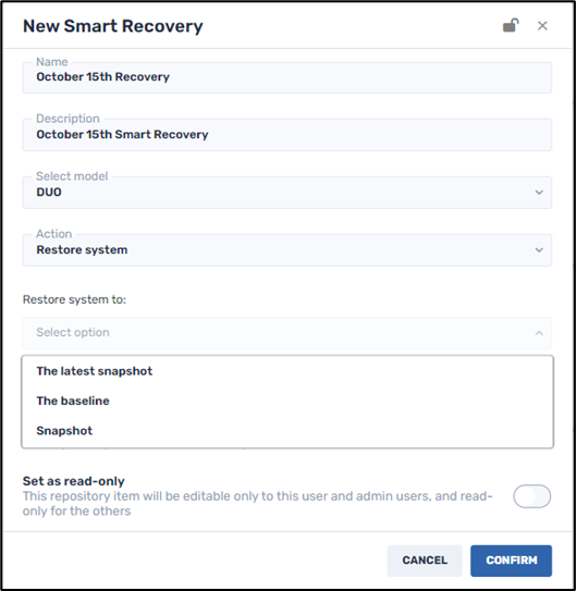 Smart Recovery Duo Command--Selecting the state to which you wish to restore the computer