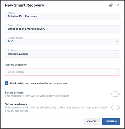 Smart Recovery Duo Command--perform system restore only upon reboot